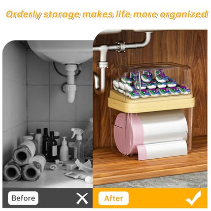 2-in-1 Trash Bag Dispenser & Laundry/Dishwasher Pods Container, Clear Acrylic Garbage Bag Holder with Removable Lids, Under Sink Organizer Kitchen Pantry Storage Box - size: 3IN1 Yellow Holder