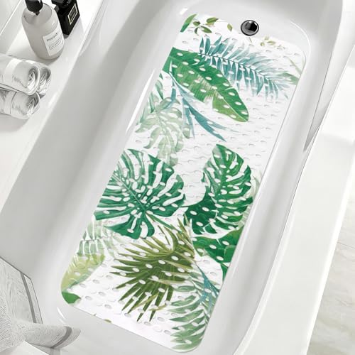 Shower Mat Non Slip, Yonala Premium Anti Slip Stylish Bath Tub Mat, 40 x 16 Inch Extra Large Bathtub Mat with Suction Cups and Drain Holes, Machine Washable - color: Green Monstera