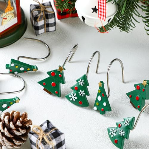 Colingmill 12 Pcs Christmas Tree Shower Curtain Hooks Christmas Tree Shower Curtain Hooks Xmas Bathroom Rust Resistant Decor Rings for Holiday Winter Bathroom Bedroom Farmhouse Decorations - style: Tree