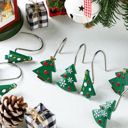 Colingmill 12 Pcs Christmas Tree Shower Curtain Hooks Christmas Tree Shower Curtain Hooks Xmas Bathroom Rust Resistant Decor Rings for Holiday Winter Bathroom Bedroom Farmhouse Decorations - style: Tree