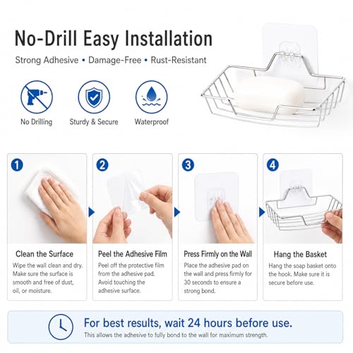 2 Pack Soap Holder for Shower Wall, Stainless Steel Wall Mounted Soap Dish with Draining Tray, No Drilling Adhesive Bar SoapSponge Holder for Bathroom and Kitchen, Silver