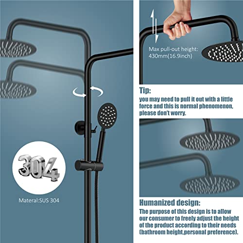 Aolemi Outdoor Shower Kit SUS304 with Round Handheld Matte Black | 2 Function,8 Inch Head,Round Handheld Spray,Adjustable Height,Outside Exposed Shower Fixture,Single Handle,Wall Mount - color: Black
