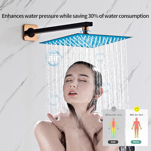 Black Gold Rainfall Shower Head, Wall Mounted 10 Inch Shower Heads with Handheld Spray Combo, Luxury Bathroom Square Rain Shower System, Solid Brass Pressure Balancd Shower Faucet Valve - color: Black Gold, style: 10 Inch