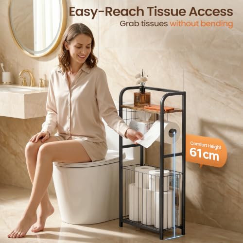 Freestanding Toilet Paper Holder Stand with Storage forSmall Bathroom Space | Holds 9 Spare Rolls, Phone, Wipes & Magazines –Large Capacity Toilet Paper Stand – Toilet Roll Dispenser and Organizer - color: Black