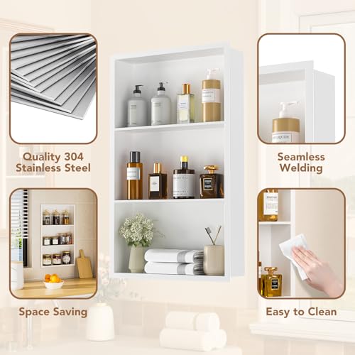 14x24 Recessed Medicine Cabinet, Bathroom Wall Cabinet, 304 Stainless Steel Recessed Wall Niche with 3-Tiers Shelves, Matte White - color: Matte White, size: 14'' x 24''