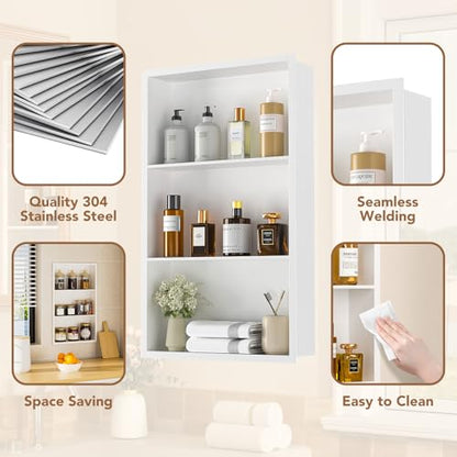 14x24 Recessed Medicine Cabinet, Bathroom Wall Cabinet, 304 Stainless Steel Recessed Wall Niche with 3-Tiers Shelves, Matte White - color: Matte White, size: 14'' x 24''