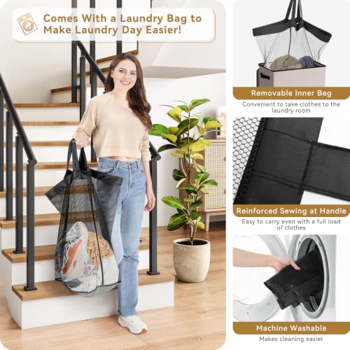 SOLEDI Slim Laundry Hamper with Lid, Narrow Laundry Basket with Removable Bags, Dirty Clothes Hamper with handle, Small Hamper perfect for Laundry room, Bathroom, Bedroom, Small spaces.Light taupe - color: Light taupe, size: 70L