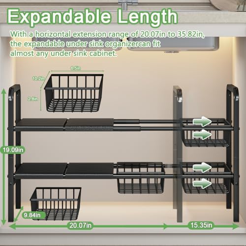 Under Sink Organizer and Storage 2 Tier Expandable Shelves Kitchen Cabinet Crganizers with 4 Baskets and 4 Panels for Bathroom Counter shelf Pantry