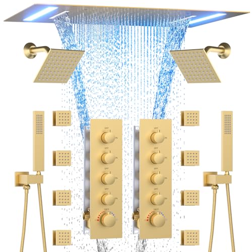 HOMEDEC Dual Shower System for Two, LED 14x20" & 6" Shower Heads, 4-Way Diverter Valves, Shower Faucet Set with Body Jets & Handheld, Brushed Gold - color: Brushed Gold