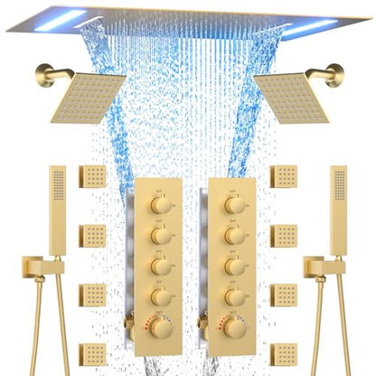 HOMEDEC Dual Shower System for Two, LED 14x20" & 6" Shower Heads, 4-Way Diverter Valves, Shower Faucet Set with Body Jets & Handheld, Brushed Gold - color: Brushed Gold