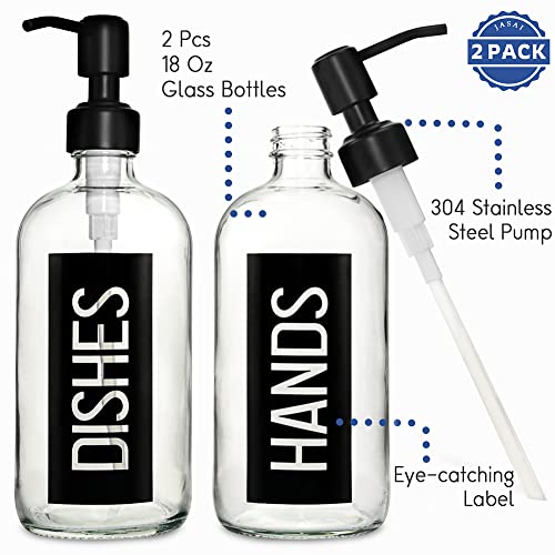 JASAI 2Pack 18OZ Glass Soap Dispenser with Black Hand & Dish Printed Label | Clear Glass Kitchen Soap Dispenser with Rustproof 304 Stainless Steel Pump for Hand Soap & Dish Soap - color: Black With Black Pump