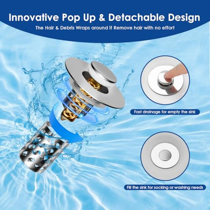 Bathroom Sink Stopper with Hair Catcher, Universal Pop-Up Drain Strainer for 1.1"–2.36" US Standard Sink Drain Hole, Anti-Clog Basin Stopper with Removable Stainless Steel Strainer Basket (Slant Bore)