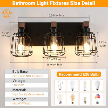 Dpyrrhic 3-Light Bathroom Light Fixtures, Wood Bathroom Wall Lights, Modern Bathroom Vanity Light with Cage Metal Shade, Bathroom Wall Lamp for Mirror Kitchen Bedroom Living Room