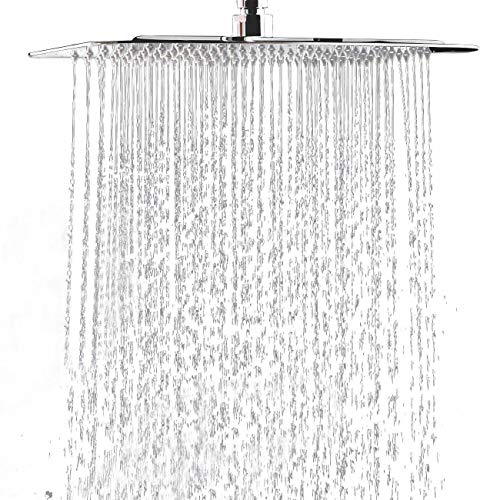 Shower Head, 16 Inch High Pressure Flow Rainfall Shower, Square Ultra Thin Waterfall Bath Showerhead with Silicone Nozzle and Adjustable Metal Swivel Ball Joint, Stainless Steel, Polished Finish