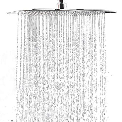 Shower Head, 16 Inch High Pressure Flow Rainfall Shower, Square Ultra Thin Waterfall Bath Showerhead with Silicone Nozzle and Adjustable Metal Swivel Ball Joint, Stainless Steel, Polished Finish