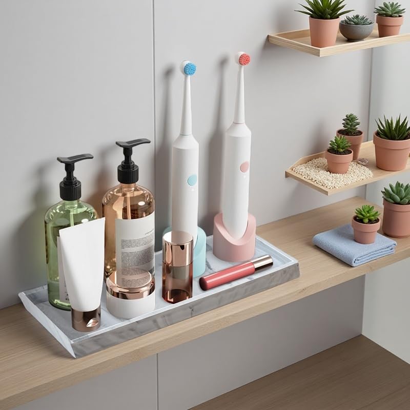 2PCS 11.8” L x 5” W Silicone Soap Dispenser Tray, Bathroom Sink Vanity Trays for Dresser Tops, Toilet, Small Tray for Scrubber, Lotion Bottles, Perfume, Jewelry, Candle, Key Trinket Ring-White Marble - color: Marble Gray（2 Pcs Large 11.8”）