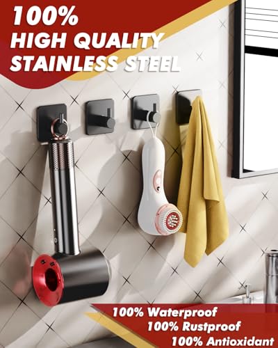 Auxmir Heavy Duty Adhesive Hooks, 5 Pack Stainless Steel Hooks 22 lb, Black | 22 lb max capacity, SUS304 stainless steel, no-drill installation, waterproof and rust-resistant for towels, robes and coats - color: 1.8"x1.8"- Black