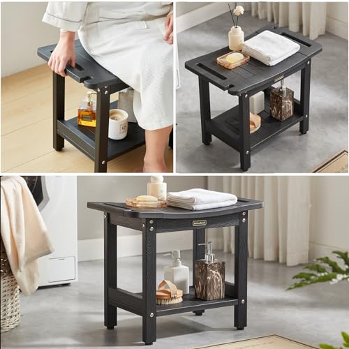Shower Bench Seat for Shaving Legs, Waterproof Shower Stool for Inside Shower with Handles & Shower Head Holder, Bathroom Shower Chair, Black Shower Foot Rest with Adjustable Feet, Non-Slip - color: Black