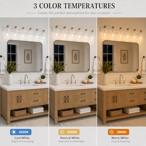Farmhouse Vanity Light Fixture,6-Light Bathroom Lighting,White Modern Wood Wall Light Over Mirror with Metal Shade,LED Bulbs Not Included - color: White, size: 6-Light-Wide 44"