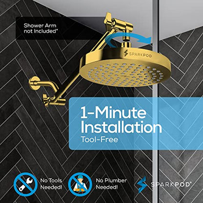 SparkPod Rain Shower Head, 8 Inch Round, Egyptian Gold Finish | High Pressure Shower Heads, 90 Nozzles, Adjustable Showerhead, No Tools Needed, Universal Connection - color: Egyptian Gold, style: 8 Inch Round