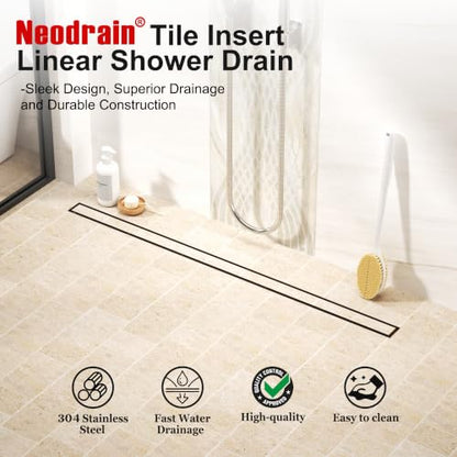 Neodrain 54-Inch Linear Shower Drain-Matte Black,with Tile Insert Grate | 304 Stainless Steel, Fast Drainage, Rectangle Shower Floor Drain with Leveling Feet & Hair Strainer, Fits Bathroom, Balcony - color: Matte Black, size: 54 IN
