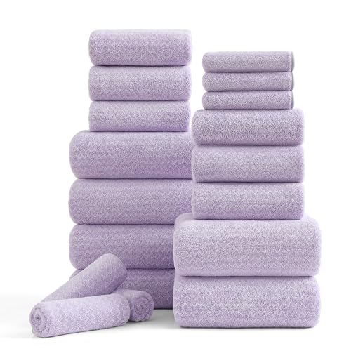 18 Piece Bath Towels Set,100% Microfiber Family Bathroom Towel with Hanging Loops-6 Bath Towels,6 Hand Towels,6 Washcloths,Quick Dry Highly Absorbent Shower Towel for Bathroom,Hotel,Spa-Light Purple - color: Light Purple, size: 18 Piece Towel Set