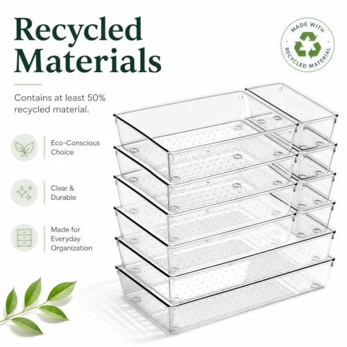 10 Pack Large Drawer Organizer Bins - Clear Plastic Bathroom Drawer Organizer Trays - Heavy Duty Kitchen Drawer Dividers for Utensils - Non-Slip Storage Bins for Makeup, Bedroom, Office Desk - size: 10 Pack