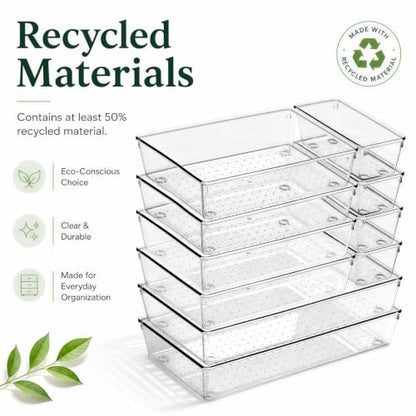 10 Pack Large Drawer Organizer Bins - Clear Plastic Bathroom Drawer Organizer Trays - Heavy Duty Kitchen Drawer Dividers for Utensils - Non-Slip Storage Bins for Makeup, Bedroom, Office Desk - size: 10 Pack
