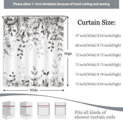 Extra Long Gray Eucalyptus Shower Curtain 72X84 Inch, Black and White Watercolor Plants Leaves Bathroom Curtains, Botanical Foliage Waterproof Fabric Cloth Shower Curtain Set with Hooks - color: Black, size: 72"W x 84"L (Pack of 1)