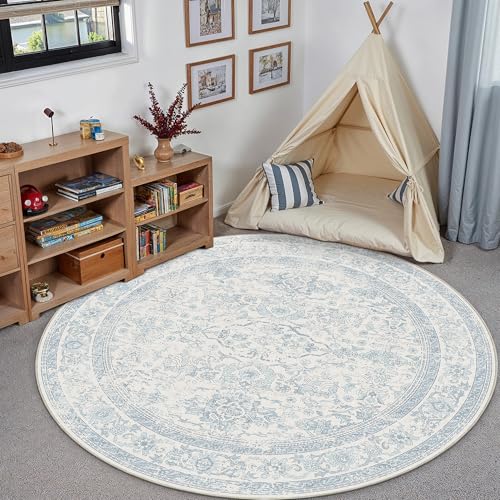 5ft Round Light Blue Vintage Floral Washable Rug for Living Room | Low Pile, Non Slip, Retro Style, Soft Distressed Round Rug for Living Room, Bedroom, Dining Room, Home Decor - color: Retro | Light Blue, size: 5' (Round)