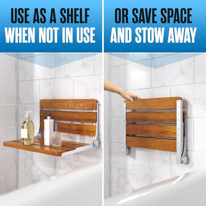 Folding Shower Bench, Folding Shower Seat Wall Mounted Wall Bench 17.5 Inch | Houseables Foldable Teak Chair, Fold Down/Up, Inside, Teakwood, for Adults, Elderly, Waterproof, Stainless Steel Frame