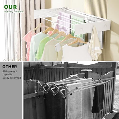 Wall Mounted Drying Rack for Laundry 40'', Folding Drying Rack Clothing Wall Mount with 5 Rods and 6 Hooks, Space Saving for Indoor Outdoor Bathroom Balcony (White, 40'') - size: 40''【6 Hooks】