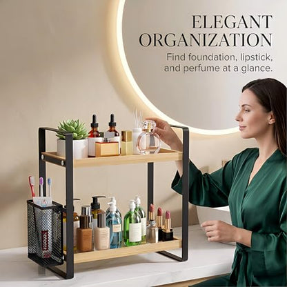 2-Tier Wood Bathroom Counter Organizer with Basket,Waterproof Vanity Perfume Skincare Storage for Bathroom, Kitchen, Dresser - color: Light Brown