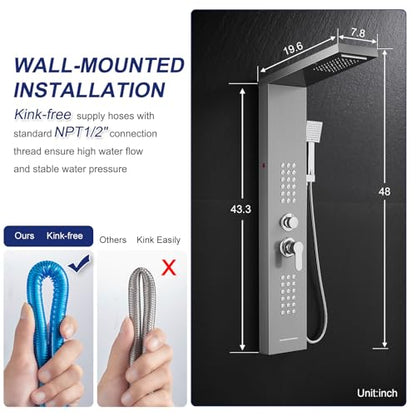 ROVATE 5 in 1 LED Rainfall Waterfall Shower Panel Tower System, Brushed | High Pressure Stainless Steel Shower Column with Tub Spout, Powerful Body Jets, Flexible Handheld, Brass Mixing Valve Body - style: 5 Modes-Brushed-2 Jets