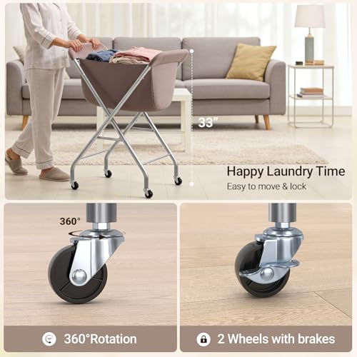 ELYKEN Laundry Basket with Wheels, Collapsible Laundry Hamper, Camel Brown | Removable Liner Bag, Foldable Design, Sturdy Metal Frame, 4 Casters, 32”H Laundry Cart for Bedroom, Bathroom & Laundry Room - color: Camel Brown, size: 23.2"L x 13"W x 32"H