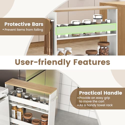 COSTWAY Slim 4-Tier Rolling Utility Cart, Wooden Shelving Unit with Handle & Wheels, Ideal for Small Spaces - color: White