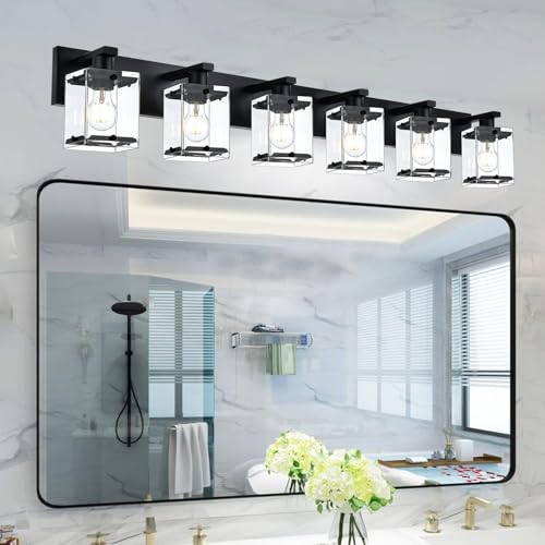 6-Light Bathroom Light Fixture Black Finish, Modern Vanity Lighting with Rectangular Clear Glass for Over Mirror Kitchen E26 Bulb Base - color: Black, Clear Glass, size: 6-Lights