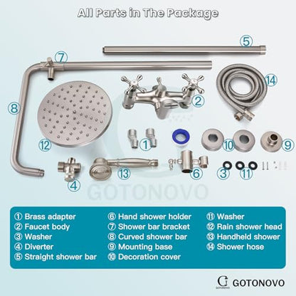 gotonovo Exposed Shower Tub Faucet Set 3 Function Wall Mount,Brushed Nickel | Shower System Fixtures with Tub Spout,8” Rain Head and Handheld,360°Rotation,Adjustable Height,for 5-6.7" Hole,Outdoor/Indoor - color: Nickel