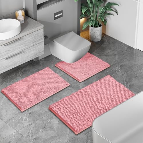 Pink Bathroom Rugs Chenille Bath Mat Set 2-Piece Bath Rugs for Bathroom Extra Soft Bath Mats for Bathoom Non Slip Absorbent Shag Bathoom Carpet - color: Pink