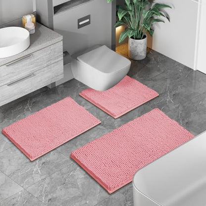 Pink Bathroom Rugs Chenille Bath Mat Set 2-Piece Bath Rugs for Bathroom Extra Soft Bath Mats for Bathoom Non Slip Absorbent Shag Bathoom Carpet - color: Pink