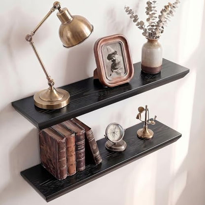 Acovy 24in Solid Spruce Wood Floating Shelves with Beveled Bottom Edges, Wooden Floating Shelf with Heavy-Duty Bracket for Living Room Bathroom Bedroom Kitchen, Rustic Black, Set of 2 - color: Rustic Black, size: 24"-2 Packs