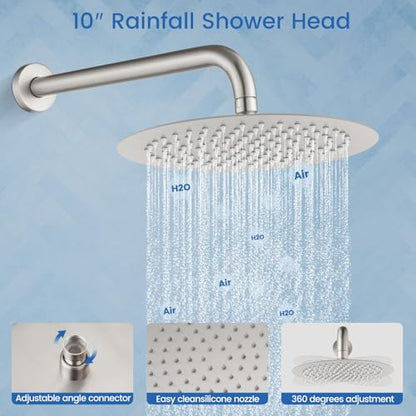 Airuida 3-Function Shower System with Tub Spout – Round Rainfall Shower Faucet Combo,Handheld Spray with 2 Functions,Includes Rough-In Valve with 360° Rotating Drain,10 Inch Shower Head,Brushed Nickel - color: Brushed Nickel, size: 10 Inch