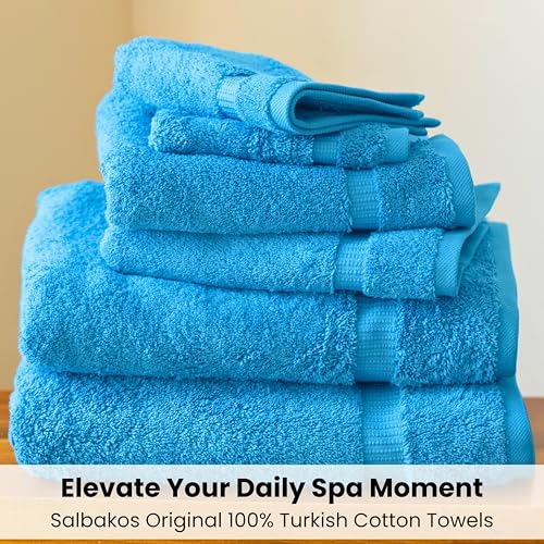 SALBAKOS 100% Turkish Cotton Bathroom Towel Set of 6-Piece, Aqua | 630 Gsm Thick Super Soft Highly Absorbent 2 Bath + 2 Hand + 2 Washcloth Towels Sets, Giftable, Hotel Quality, Made in Turkey - color: Aqua, size: 6 Piece Towel Set