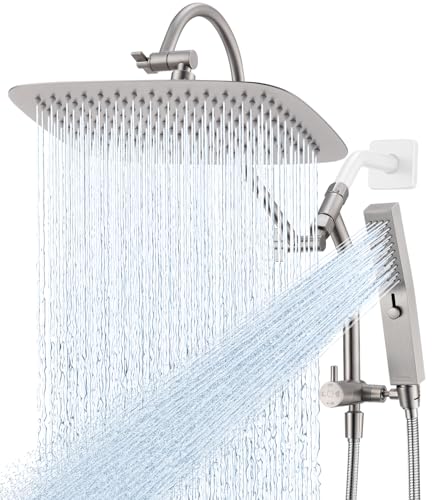 G-Promise Metal 14 Inch Gooseneck Shower Head with Handheld(Brushed Nickel) | All Metal Construction, Pause Mode, 13 Inch Adjustable Gooseneck Arm, Massage Function Hand Shower, Easy Installation - color: Brushed Nickel, size: 14 Inch