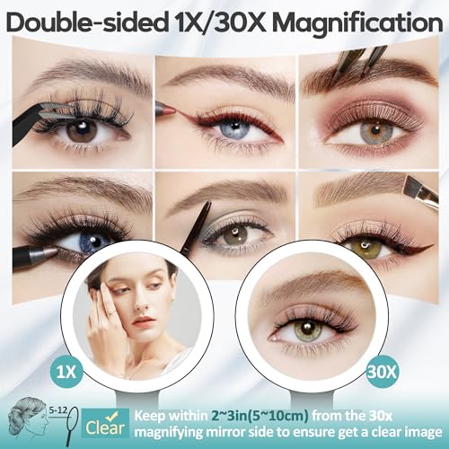 Magnifying Mirror with Light 30X, Double-Sided 1X/ 30X Magnifying Makeup Mirror with Tweezer, 2000mAh 3 Colour Modes with Adjustable Brightness,Foldable Compact Travel Mirror(Black) - color: Black