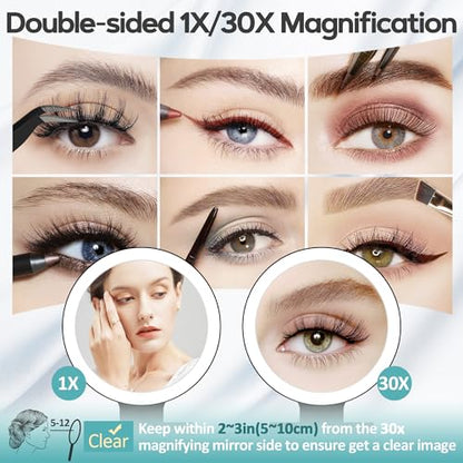 Magnifying Mirror with Light 30X, Double-Sided 1X/ 30X Magnifying Makeup Mirror with Tweezer, 2000mAh 3 Colour Modes with Adjustable Brightness,Foldable Compact Travel Mirror(Black) - color: Black