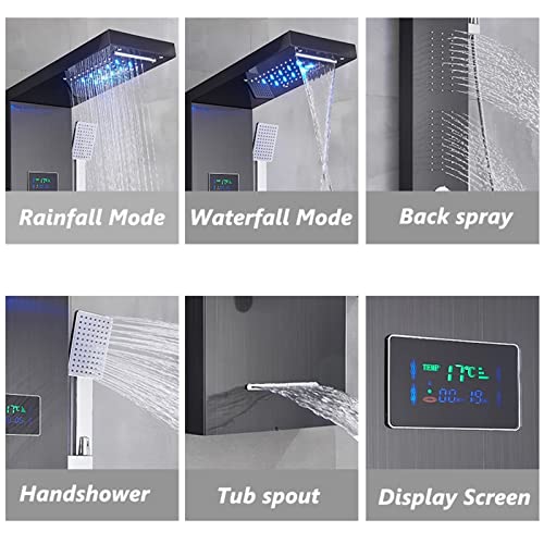 Split Shower Panel Tower System, Stainless Steel 5 in 1 Shower Column with LED Rainfall Waterfall Shower Head, Water Temperature Display and Body Jets,Black - color: Black