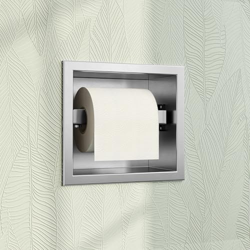 Qeke Recessed Toilet Paper Holder 304 Stainless Steel, Brushed Nickel | Rustproof Toilet Paper Holder Built-in, in Wall Tissue Paper Holder with Push-to-Open Rod for Bathroom & RV - color: Brushed Nickel