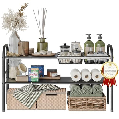 Under Sink Organizers and Storage,Expandable under cabinet organizer Shelf | 2 tier expandable shelf for kitchen,bathroom,6 Removable ABS Panels and 2 Baskets,Adjustable partition height,20.7-32.3" W - size: 6 Panels and 2 Baskets
