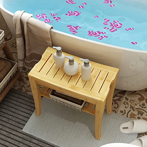 SogesHome Bamboo Shower Bench with Shelf Shower Stool Bathroom Stool with Storage Bamboo Seat with Foot, Water Proof, Natrual - color: Natrual